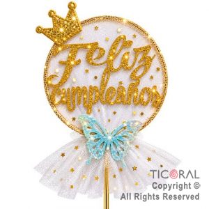 CAKE TOPPER FELIZ CUMPLEA�OS CIRCULO ORO CON TUL BLANCO